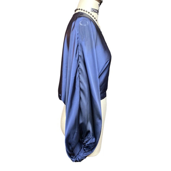 Free People Midnight Blue Blouson Sleeve Blouse with Deep V-Neck Sz Small - Picture 6 of 14